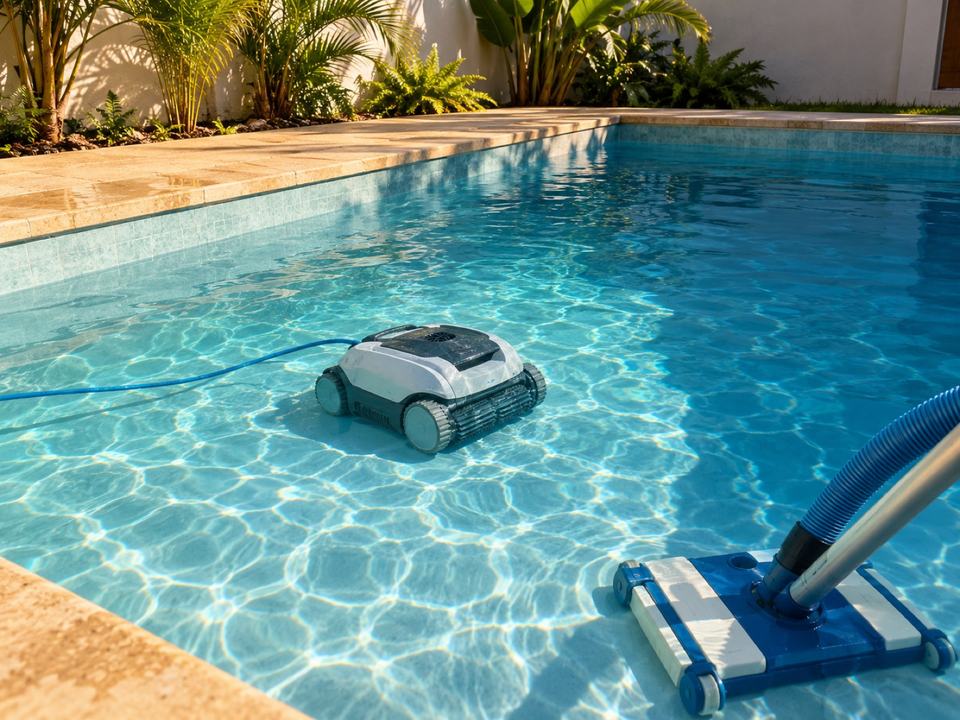 Robô limpador no fundo de uma piscina de água clara, com a cabeça de um aspirador manual.