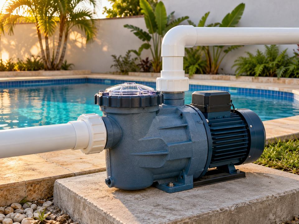 Bomba de piscina nova, cinza-azulada, ligada a canos brancos numa base de concreto.