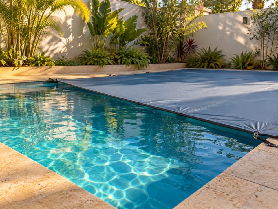 Piscina residencial com parte da água coberta por uma capa esticada cinza-azulada.