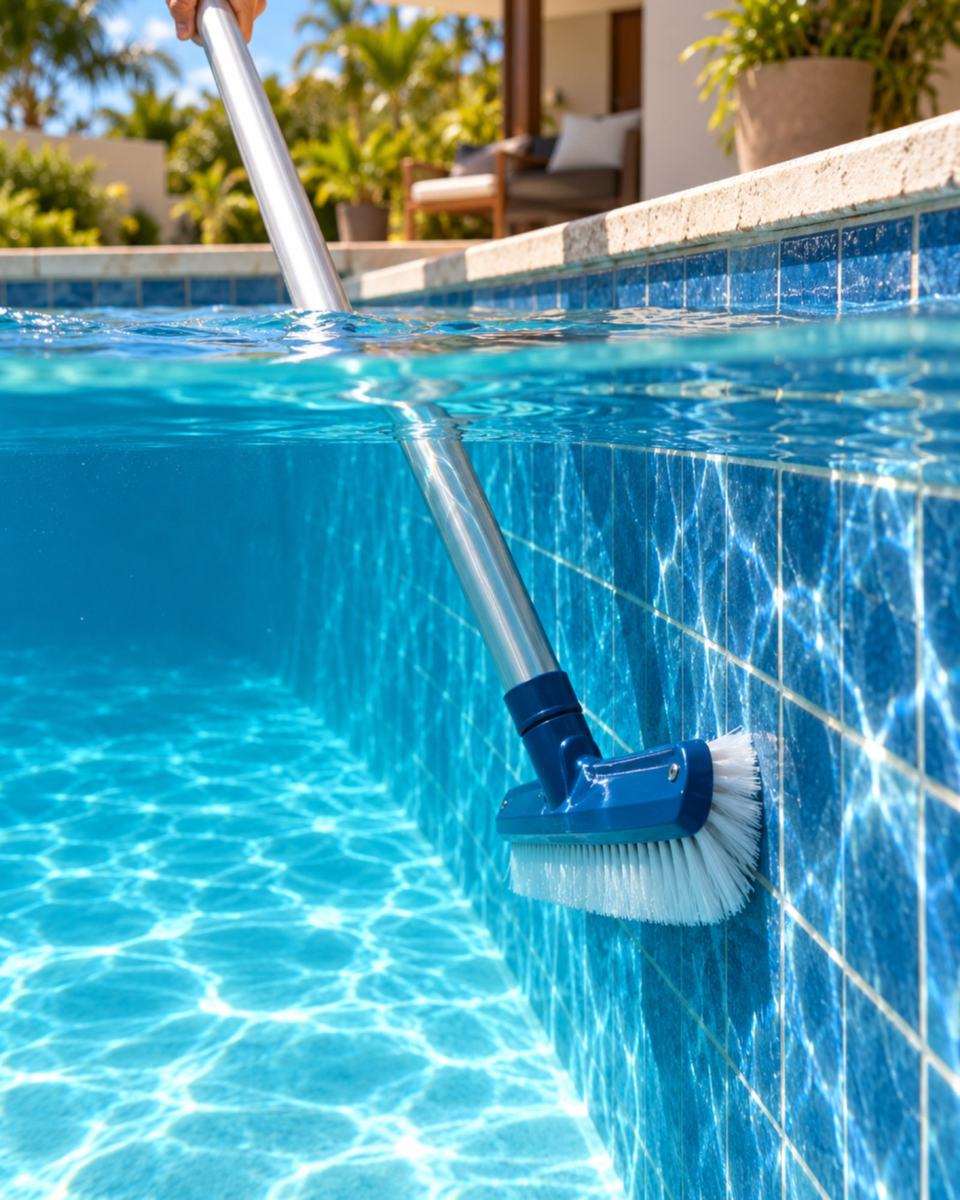 Escova de cabo longo dentro da água, encostada na parede da piscina logo abaixo da linha d'água.